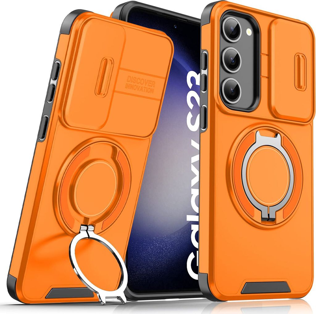 Handyhülle für Samsung Galaxy S23+ Dual-Layer Stoßfest Militär Hülle mit Dia Kameraschutz und Magnetisch Ring Ständer Orange