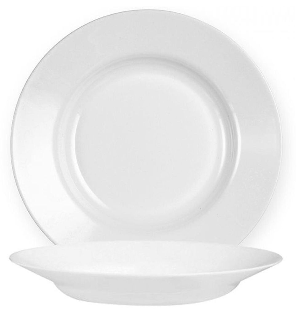 A top-down view of a white plate, with a second plate shown from the side in the foreground.