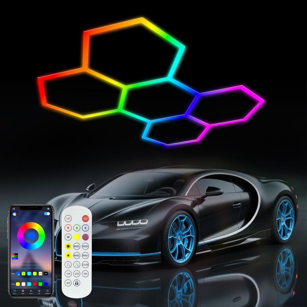 5er-Pack Hexagon LED Deckenleuchte, 200W RGB Dekolicht Garage Light, Dimmbar mit Fernbedienung, Ideal für Garagen, Lager Werkstatt, Spielzimmer