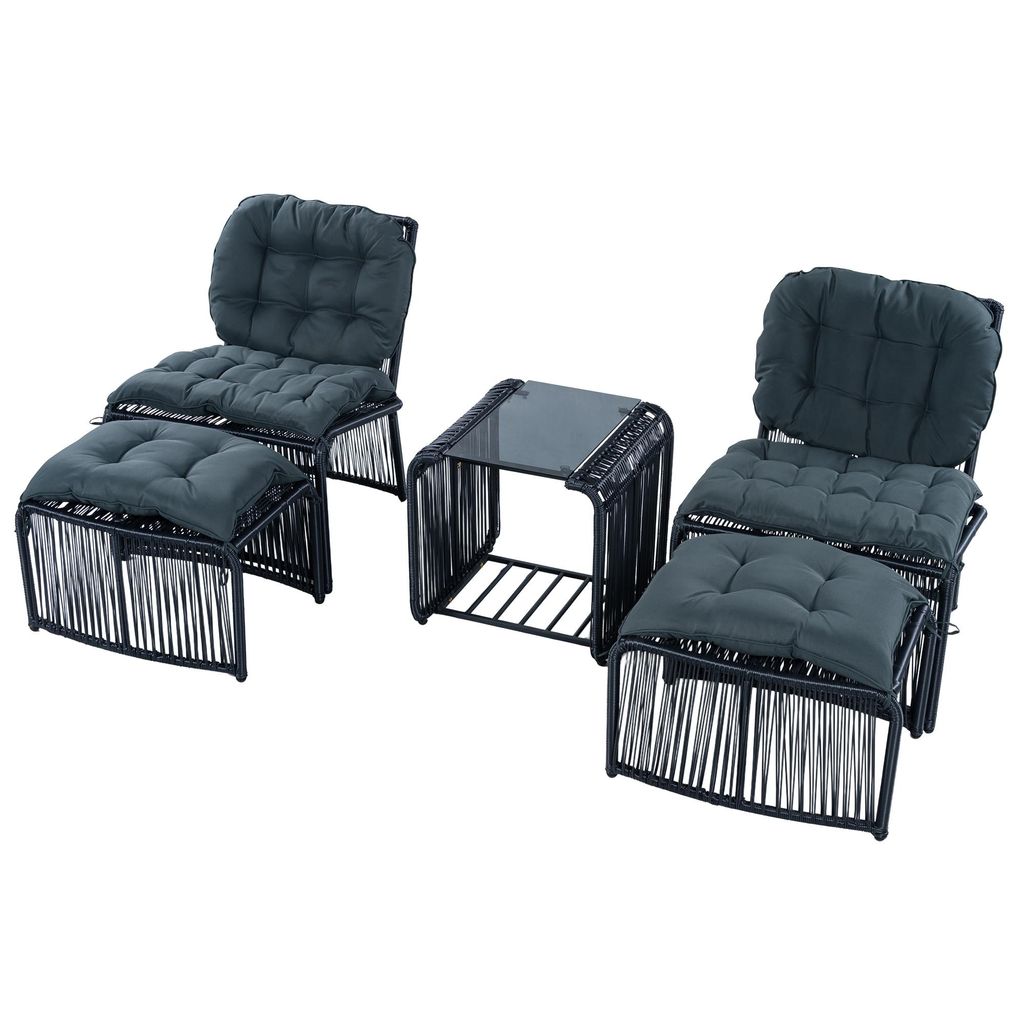 Balkonset mit Glastisch, 2 Stühlen und 2 Hockern, 5-tlg, Loungeset, Gartenlounge-Set, Gartenmöbel, Metallrahmen
