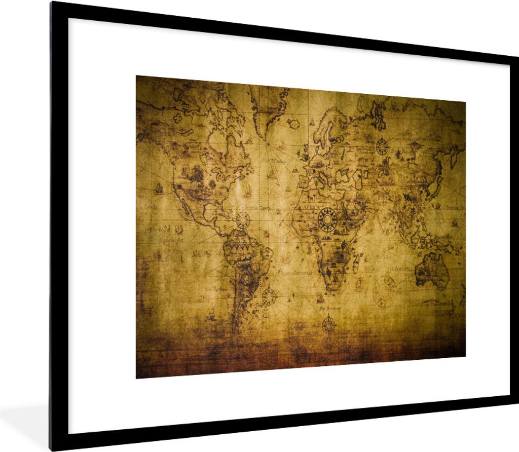 MuchoWow Gerahmtes Poster Weltkarte - Braun - Vintage 80x60 cm - Poster mit Schwarzem Bilderrahmen Wandposter Rahmen Foto Bilder - Schlafzimmer-D...