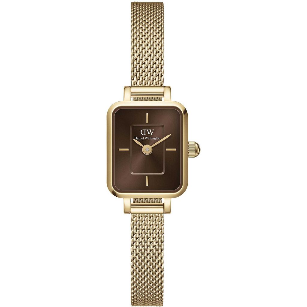 A product shot of a gold-colored Daniel Wellington watch with a brown face.