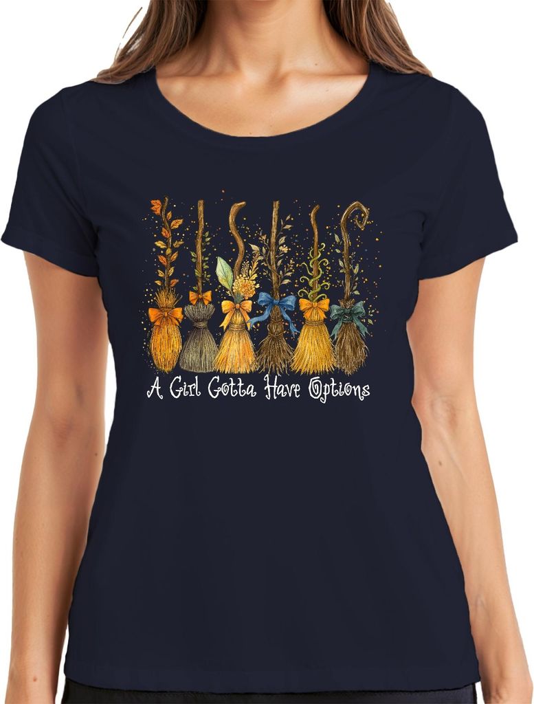 A Girl Gotta Have Options Hexenbesen Halloween Herbst Boho Magie Damen T-Shirt, Navy, S
