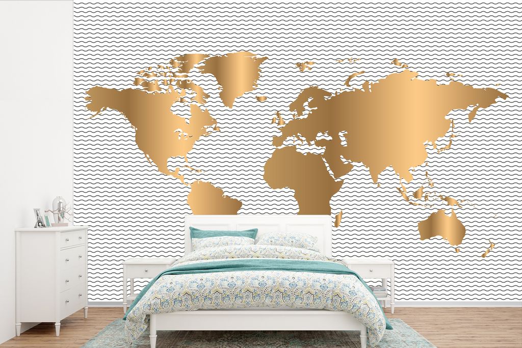 MuchoWow Fototapete für Wohnzimmer oder Schlafzimmer Wandtapete Vinyl Motivtapete Weltkarte - Gold - Muster - Kinder - Jungen - Mädchen - 360x2...