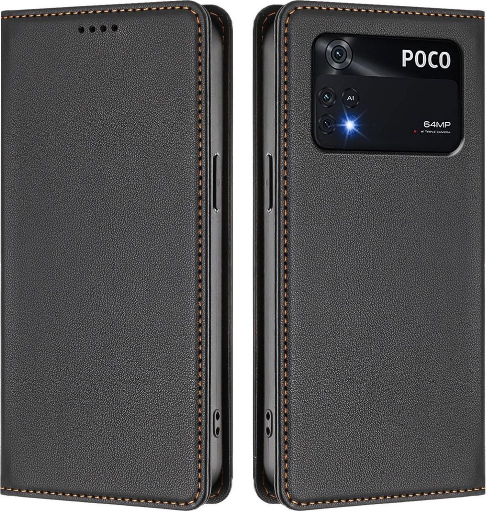 Handyhülle für Xiaomi Poco M4 Pro 4G, Kunstleder Klapphülle Stoßfeste Magnetische Hülle mit Ständer Schwarz