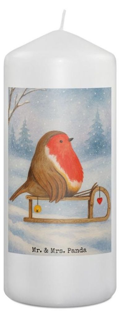 Mr. & Mrs. Panda Kerze Rotkehlchen Schlitten Design 19 x 8 cm - Weiß - Geschenk, Erinnerungskerze, Weihnachten, Winter, Erinnerungslicht, Vogel, W...