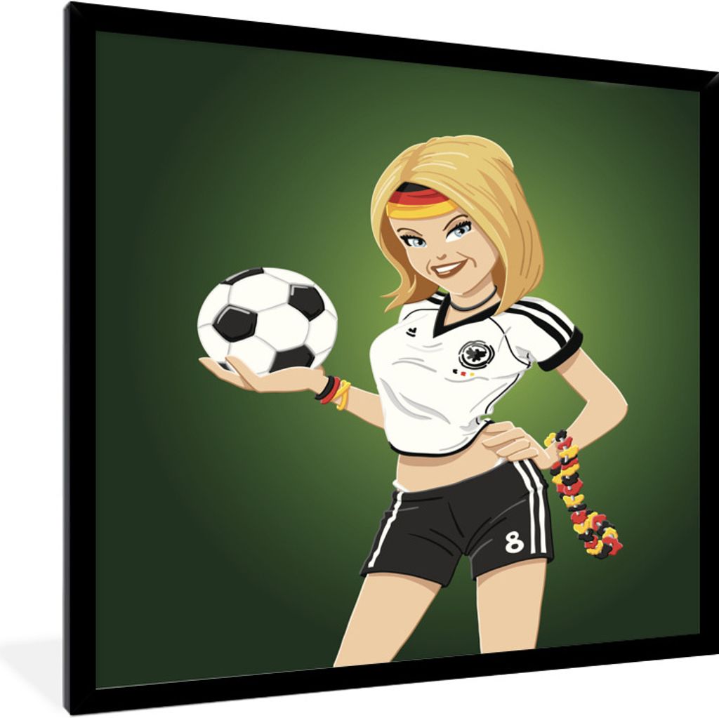 MuchoWow Gerahmtes Poster Illustration eines Mädchens mit deutscher Kleidung und einem Fußball - Mädchen - Kinder 30x40 cm - Poster mit Schwar...