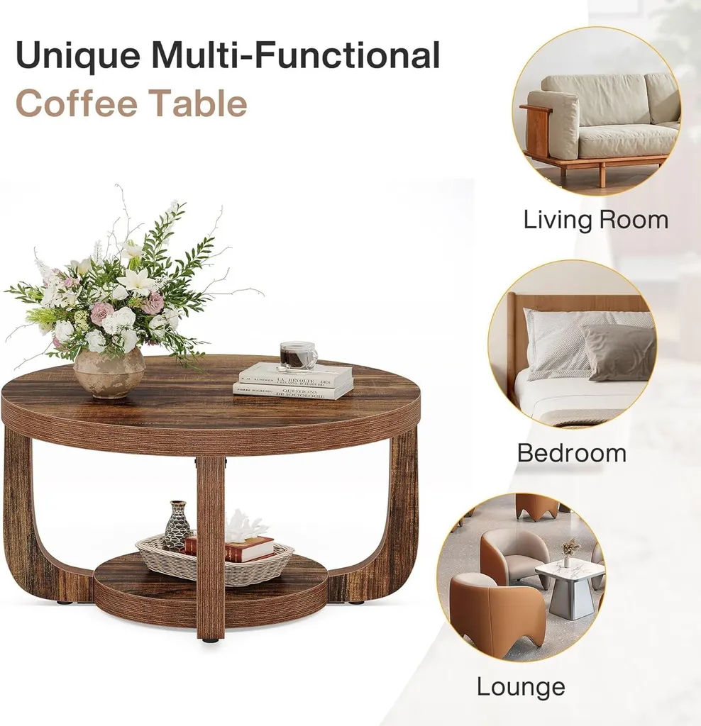 Table Basse Ronde Plateau Épais et Double Rangement Marron Rustique 80cm - 9