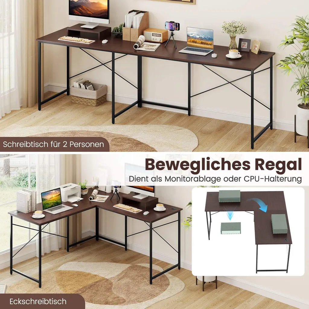 Bureau d'angle réversible pour télétravail avec chargeur USB, marron L