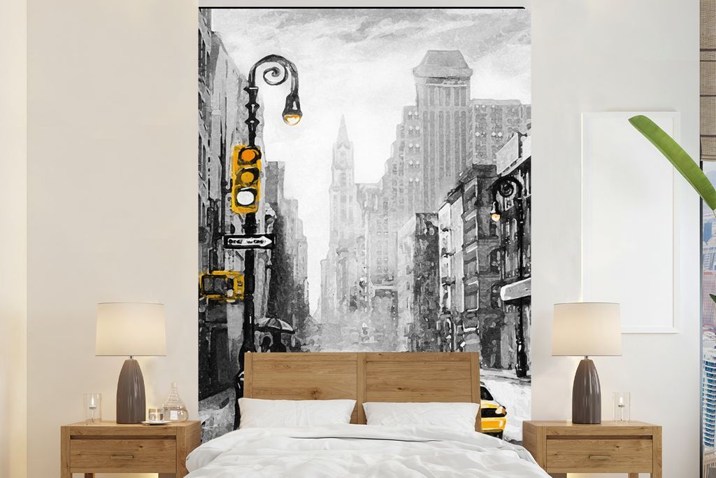 MuchoWow Fototapete für Wohnzimmer oder Schlafzimmer Wandtapete Vinyl Motivtapete Gemälde - Ölfarbe - Stadt - Auto - 145x220 cm - Wanddekoration