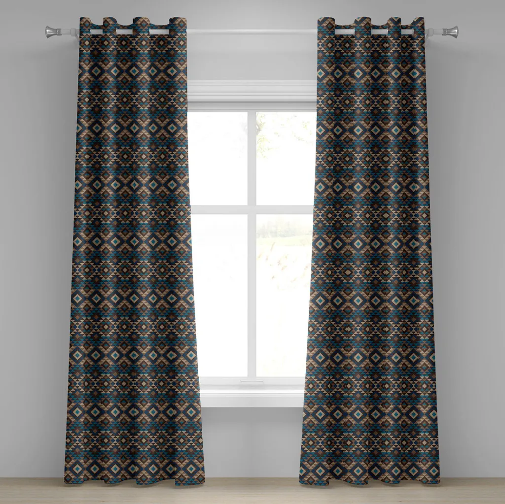Rideau ethnique jacquard à texture décorative bleu et marron 280 cm