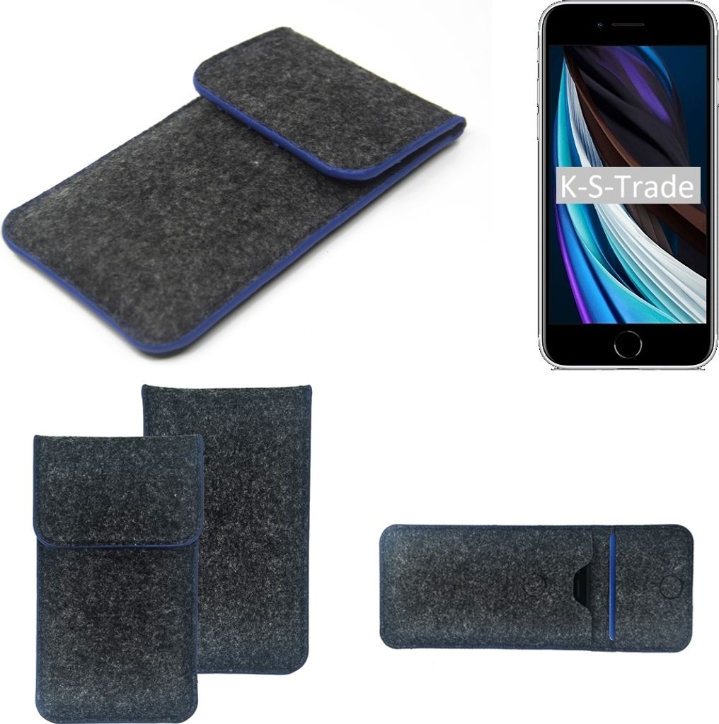 K-S-Trade Handy-Hülle Schutz-Hülle kompatibel mit Apple iPhone SE 2 Filztasche Pouch Tasche Case Sleeve Filzhülle dunkelgrau, blauer Rand