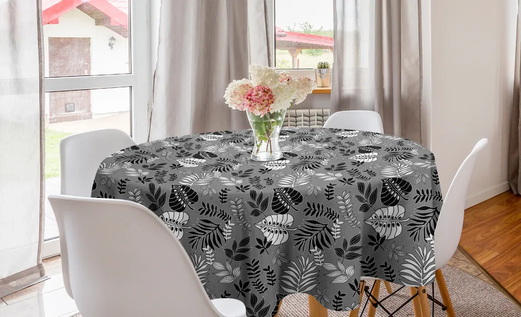 ABAKUHAUS Tovaglia rotonda botanica, foglie di piante assortite, tovaglia circolare per sala da pranzo, decorazione per cucina, 150 cm, bianco grigio chiaro