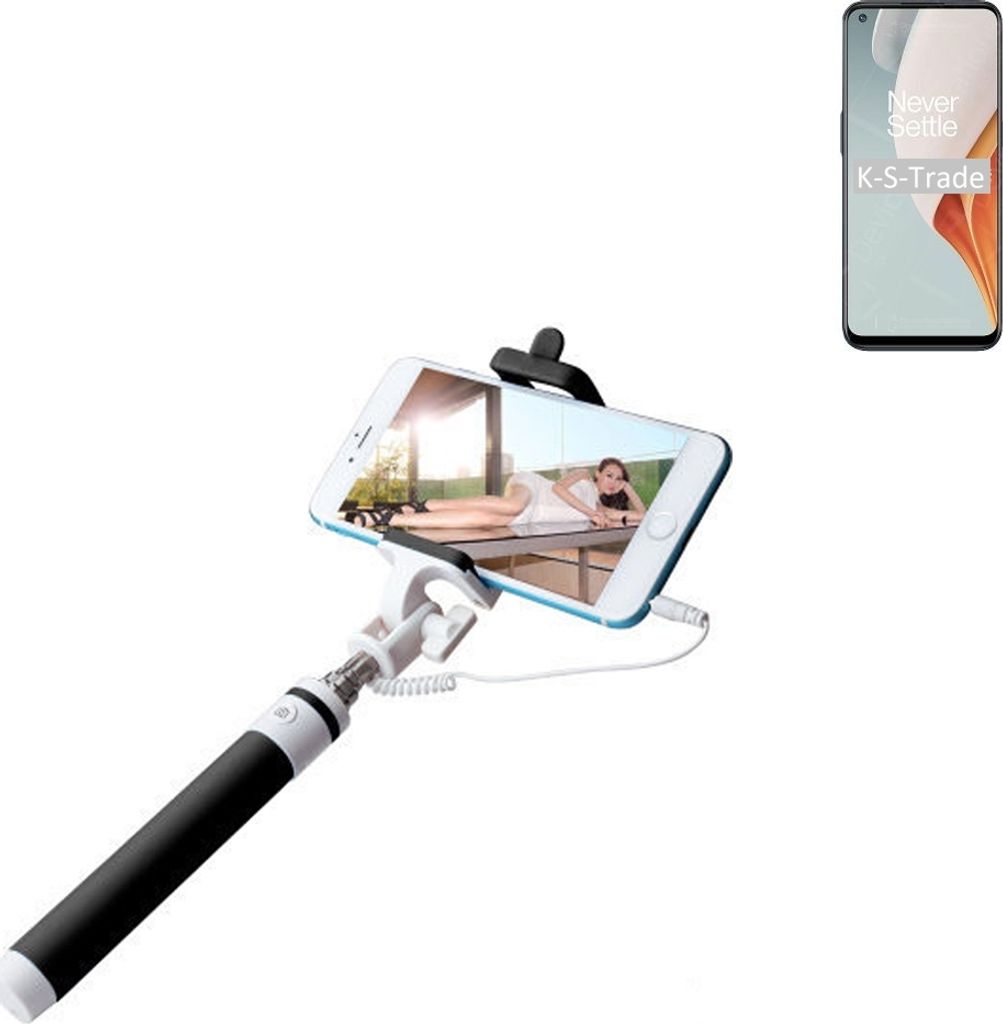 K-S-Trade Selfie Stick kompatibel mit OnePlus Nord N100 Selfiestick kabelgebunden Monopod mit Kabel Stab Stange Selfportrait Handheldstick schwarz 1x