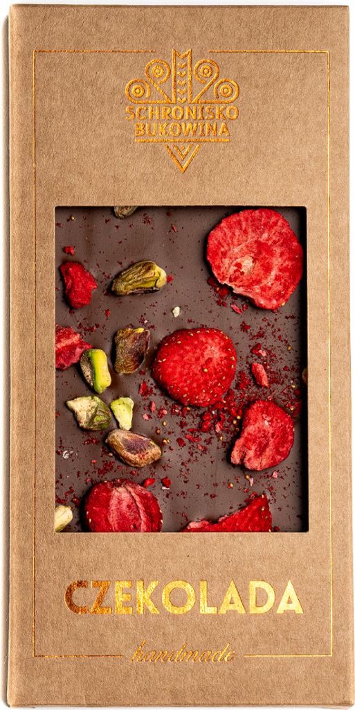 Vollmilchschokolade mit Pistazien und Erdbeeren 100g - Schronisko Bukowina