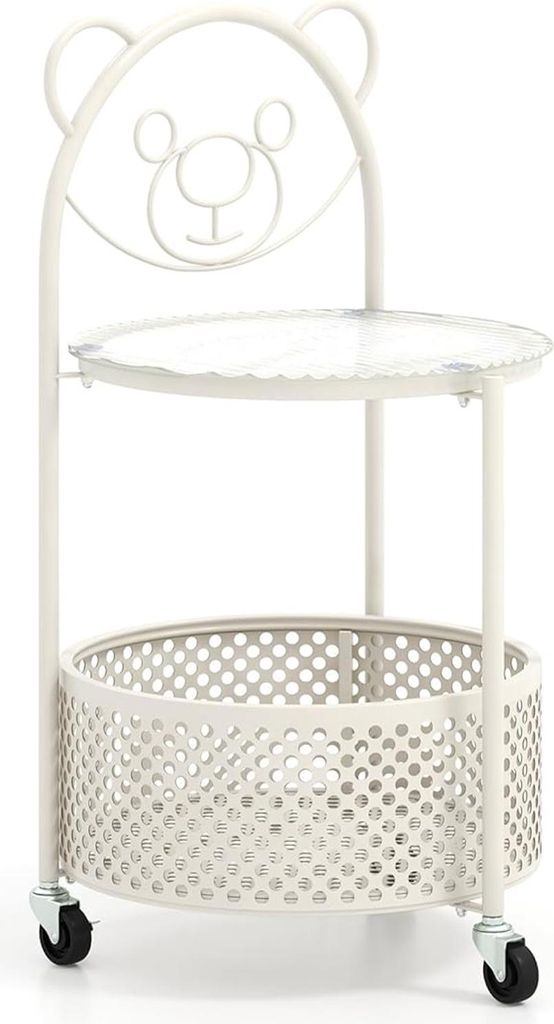 2-stufiger mobiler Bärentisch, Couchtisch Kinder mit Glasplatte & Netzablagekorb, stilvoller Aufbewahrungstisch mit abschließbaren Rädern, Weiß