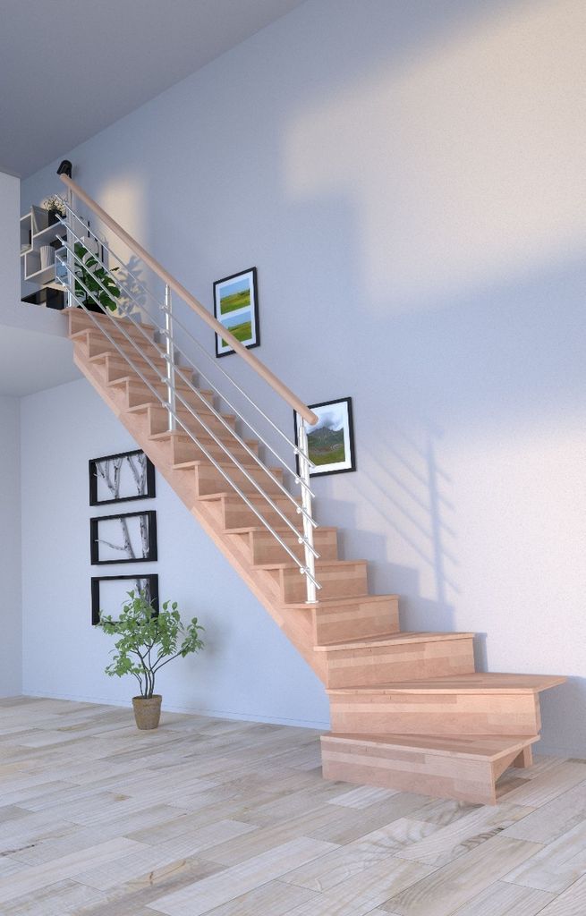 Holztreppe Lindos (Buche) in 1/4 gewendelter Ausführung links-100 cm-Design Geländer Edelstahl-mit Setzstufen