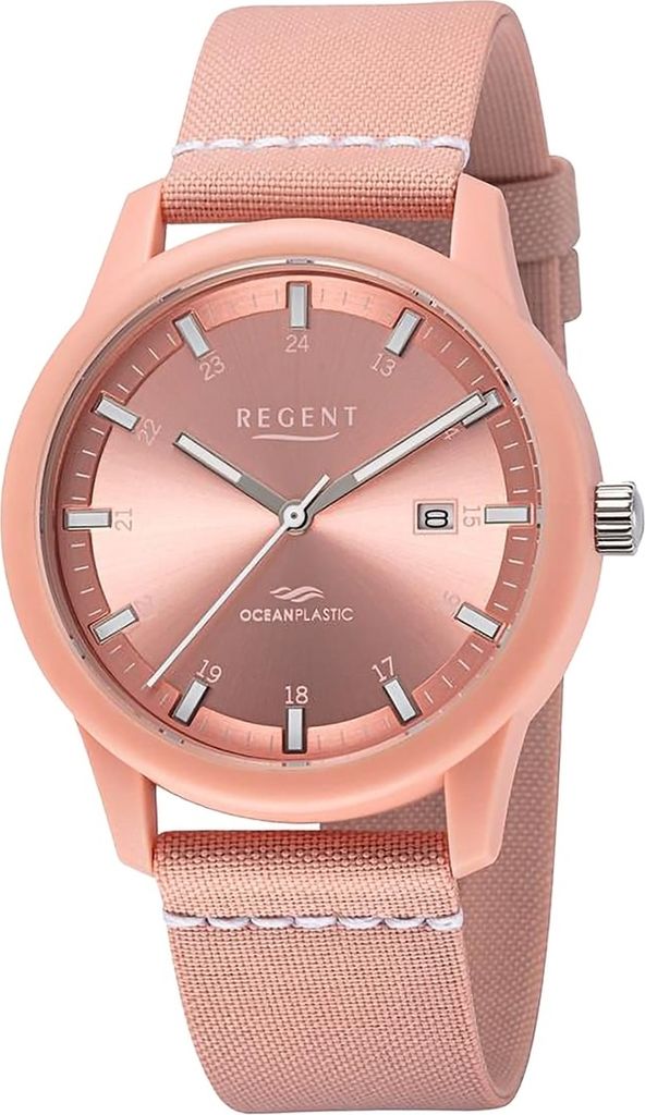 Regent Nylon Herren Uhr Armbanduhr Quarz rosa weiß Lederarmband D2URBA733