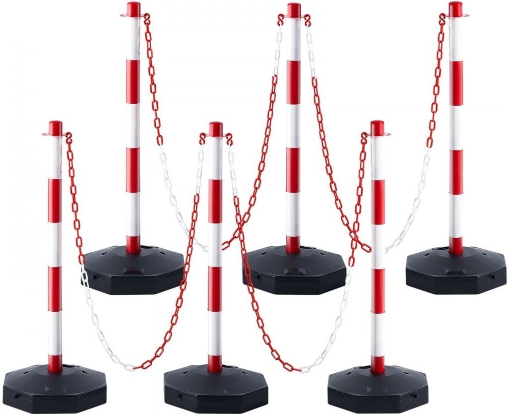 Verkehrshütchen Set - Straßensperre 6 Stk. 285 x 285 mm - Warnkegel mit Kette - Leitpfostenkegel - Rot & Weiß - Wasser- und Sandbefüllbar