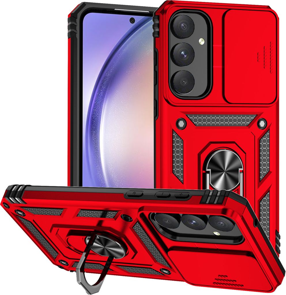 Galaxy A55 5G Hülle mit Schiebe Kamera Schutz und Ringhalter Ständer Schutzhülle für Samsung Galaxy A55 5G Rot