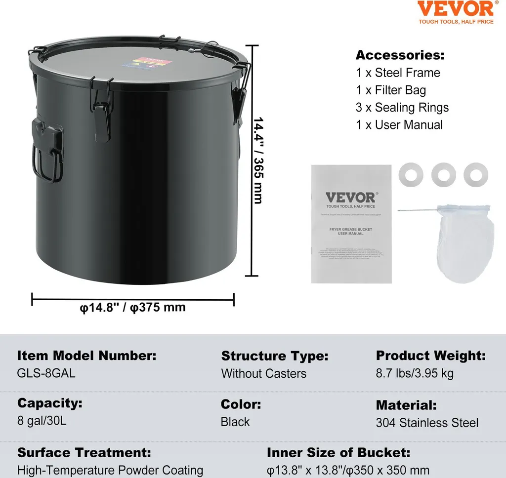 Contenitore per lo smaltimento dell'olio di friggitrice da 30 litri, secchio per olio di friggitrice in acciaio inox, rivestimento antiruggine, contenitore per il trasporto dell'olio con coperchio, sacchetto filtrante per il filtraggio dell'olio di cottura caldo, nero - 7