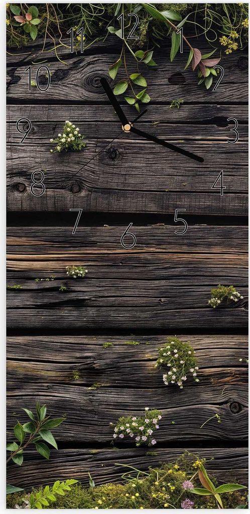 Wanduhr aus Glas mit Motiv Holz mit Blumen- 30 x 60 cm - inkl. Aufhängesystem