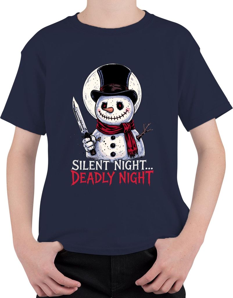 Silent Night Deadly Night Schneemann Messer Gruselig Geschenk Uni Kinder T-Shirt, Navy, 128