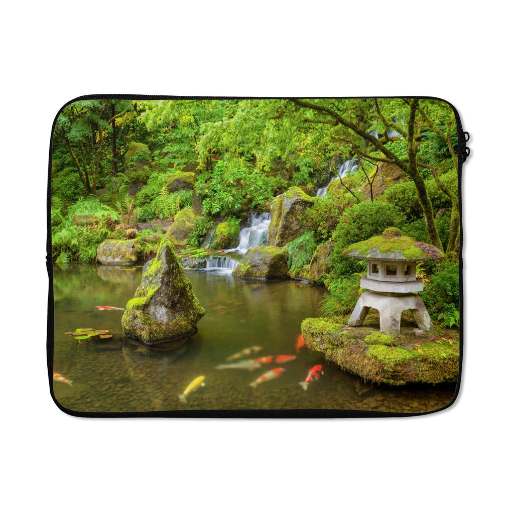 MuchoWow Laptop Hülle 15 Zoll Wasserfall - Koi - Japanische Laterne - Moos - Wasser Laptoptasche - Laptoptasche - Sleeve - Rundum-Schutz