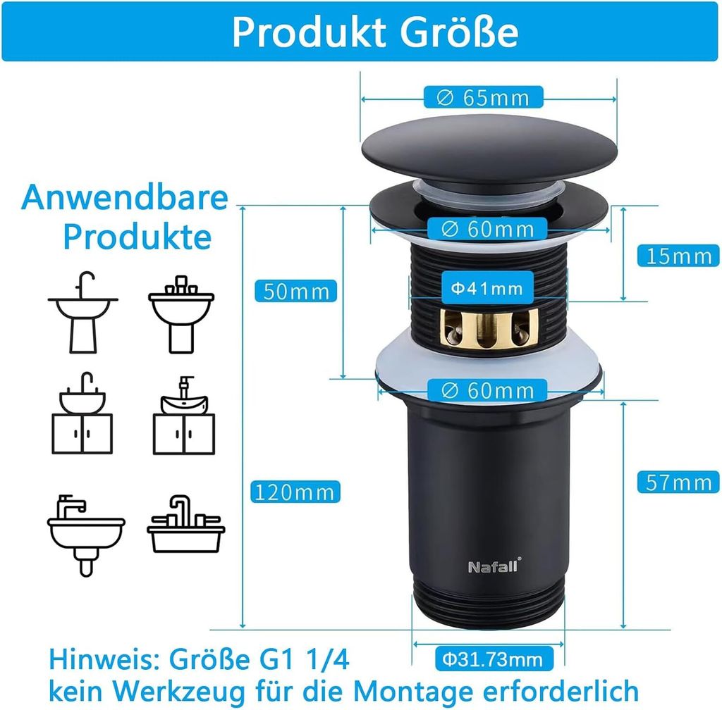 Nafall Ablaufgarnitur Waschbecken Mit Überlauf - Pop Up Produktbild 6