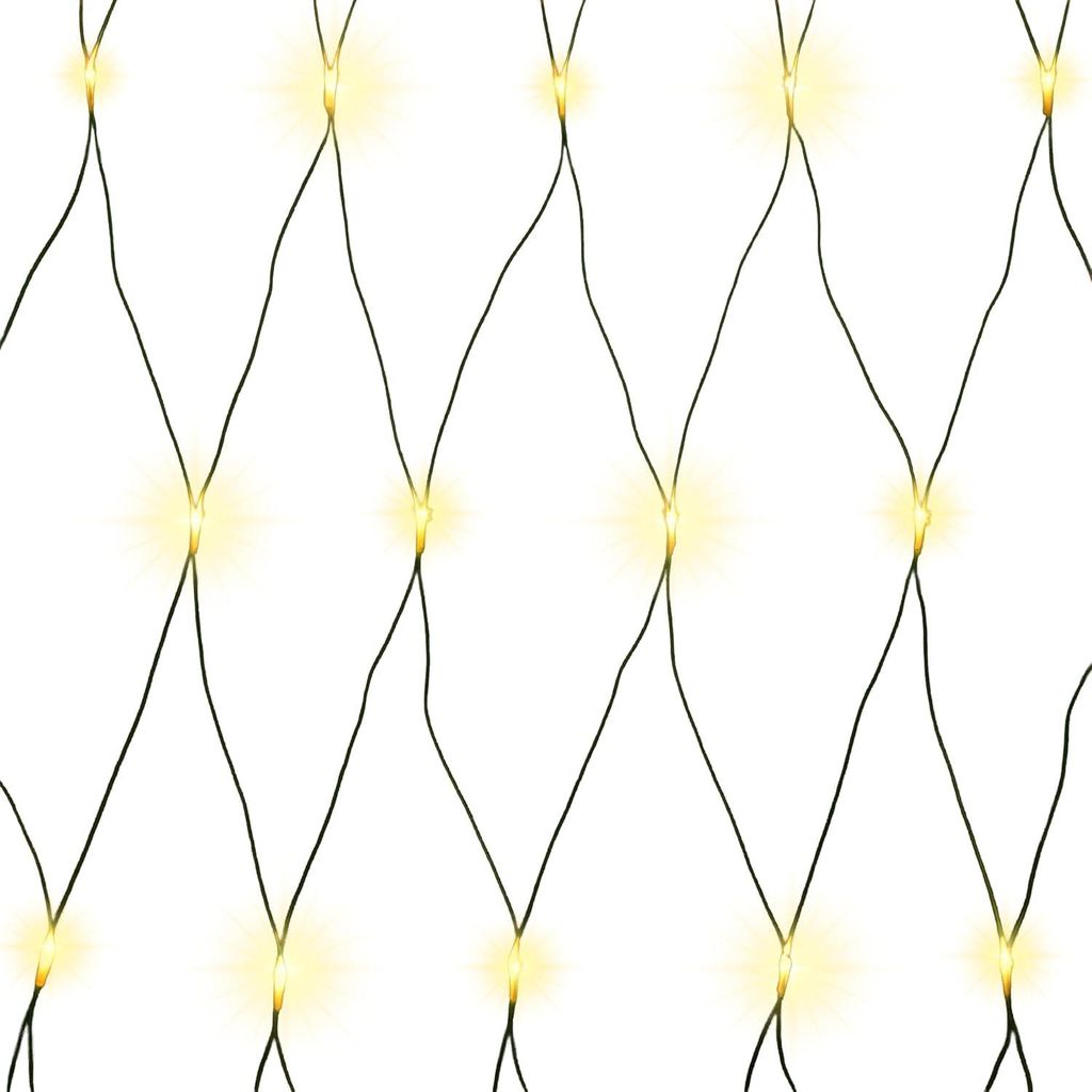 A close-up view of a net of warm white LED lights against a white background.