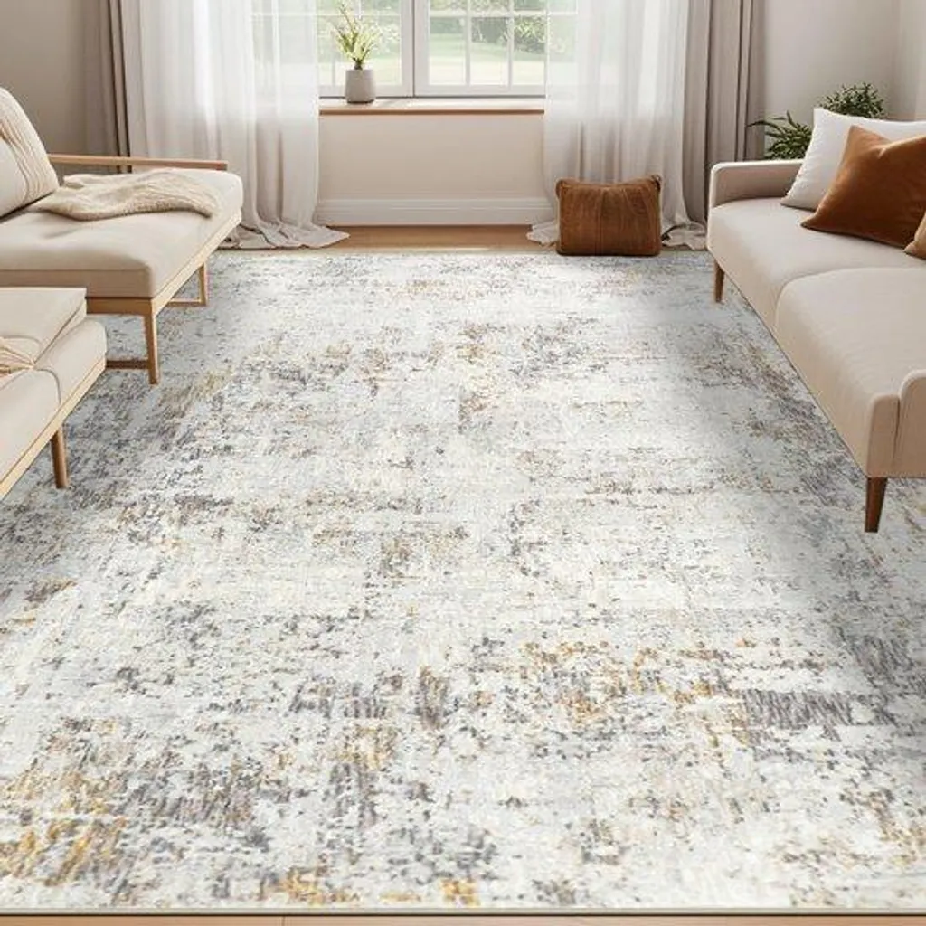 Tapis antidérapant beige 200x300 cm en imitation laine lavable pour salon