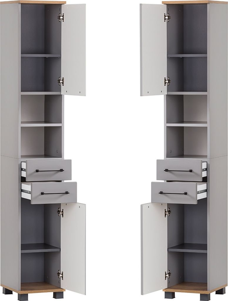 Badezimmer Hochschrank in grau mit Eiche Nb. JAUSA-80 Landhaus-Stil, B/H/T ca. 30,3/180,9/32,6 cm