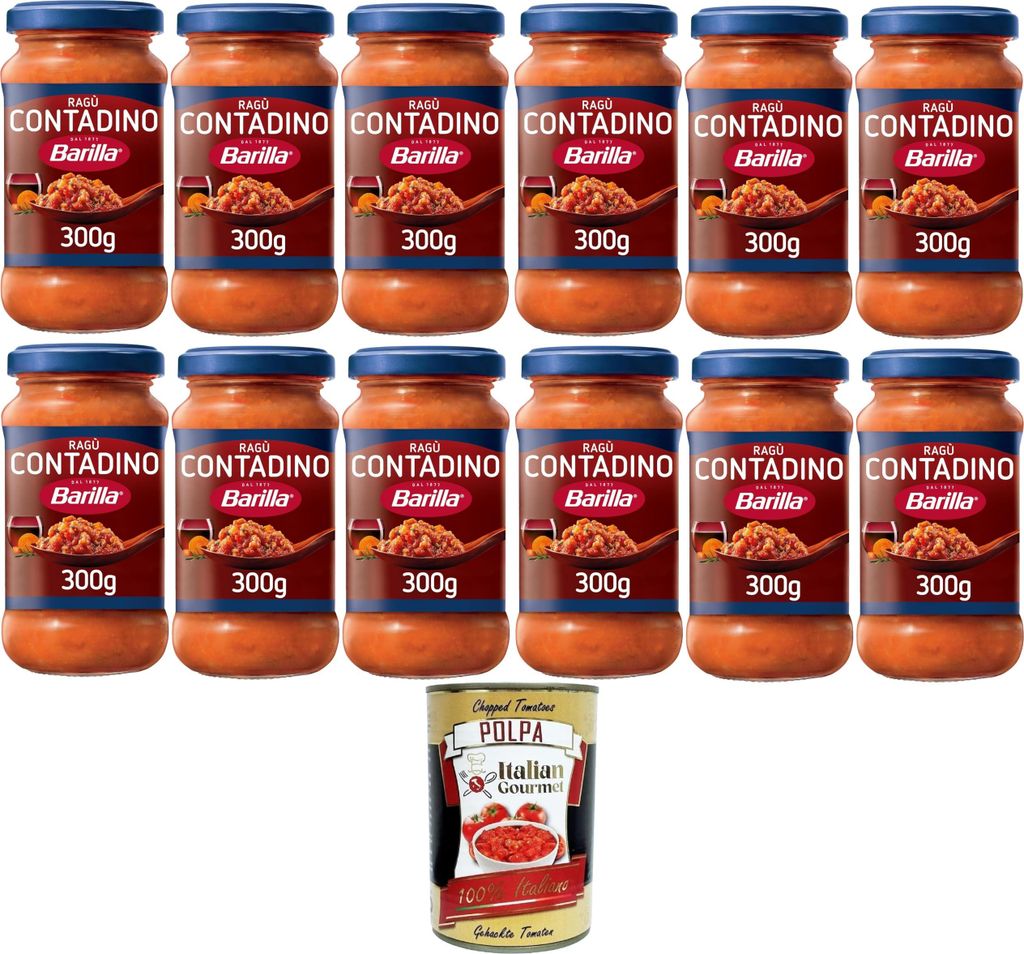 Barilla Ragù Contadino Tomatensauce mit Rotwein, 12er Pack, 300g pro Glas, + Italian Gourmet polpa 400g