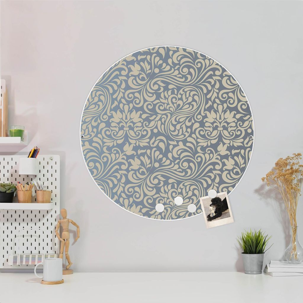 Design Stahlmagnettafel Weiß Rund 47cm Blaues Ornament