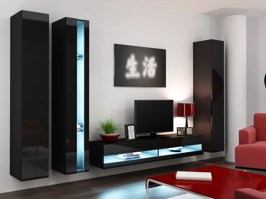 Wohnwand Medienwand Wohnzimmer - Set VIGO NEW 7D schwarz Hochglanz 300x180x40cm 3 Hängeschränke / TV Lowboard 4tlg.