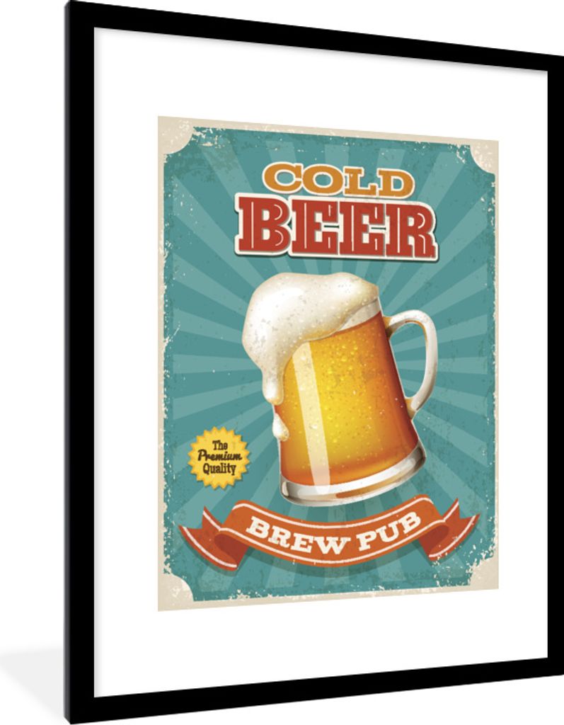 MuchoWow MuchoWow Gerahmtes Poster Mannshöhle - Bier - Vintage - Banner 60x80 cm - Poster mit zchwarzem Bilderrahmen - Wohnzimmer - Dekoration...