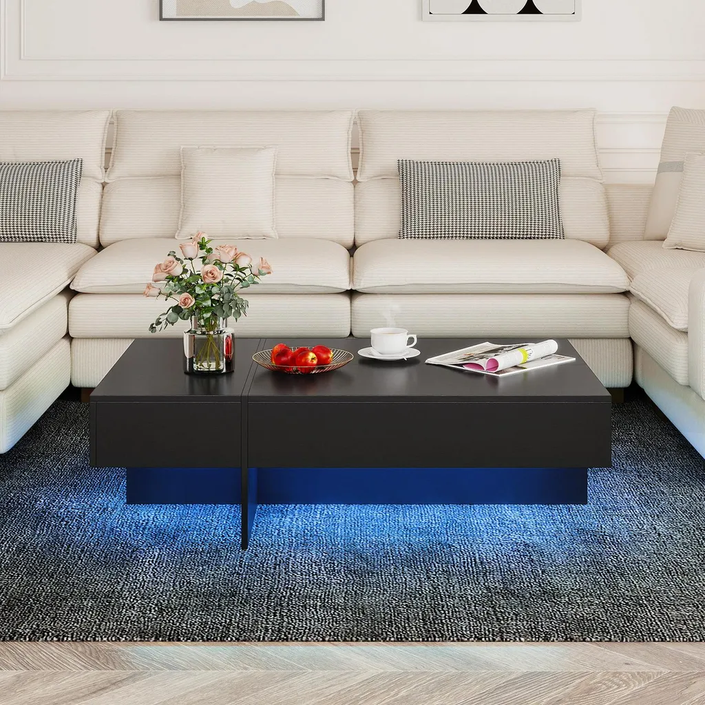 Table basse rectangulaire lumineuse LED à 3 tiroirs finition glossy - 9