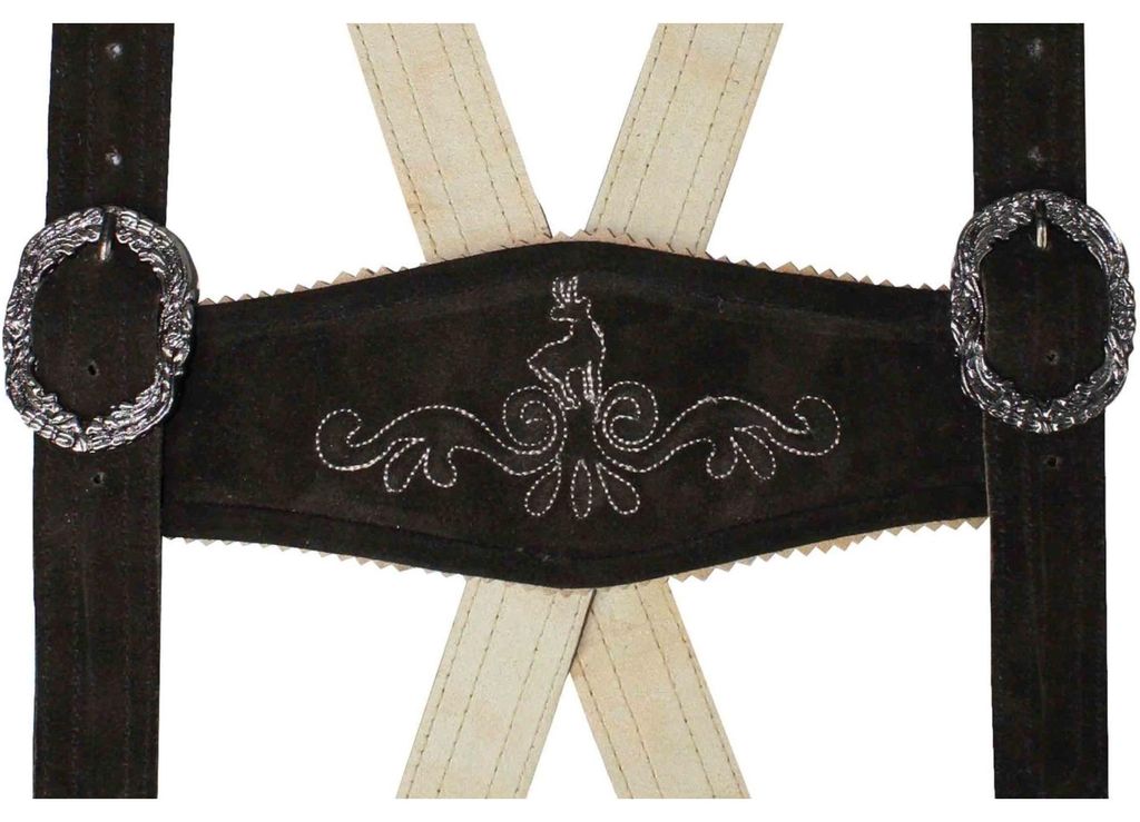 Nahaufnahme dunkelbrauner Wildlederträger mit Stickdetails. Echte Leder-H-Träger für Oktoberfest-Outfits. German Wear Träger aus hochwertigem Wildleder.