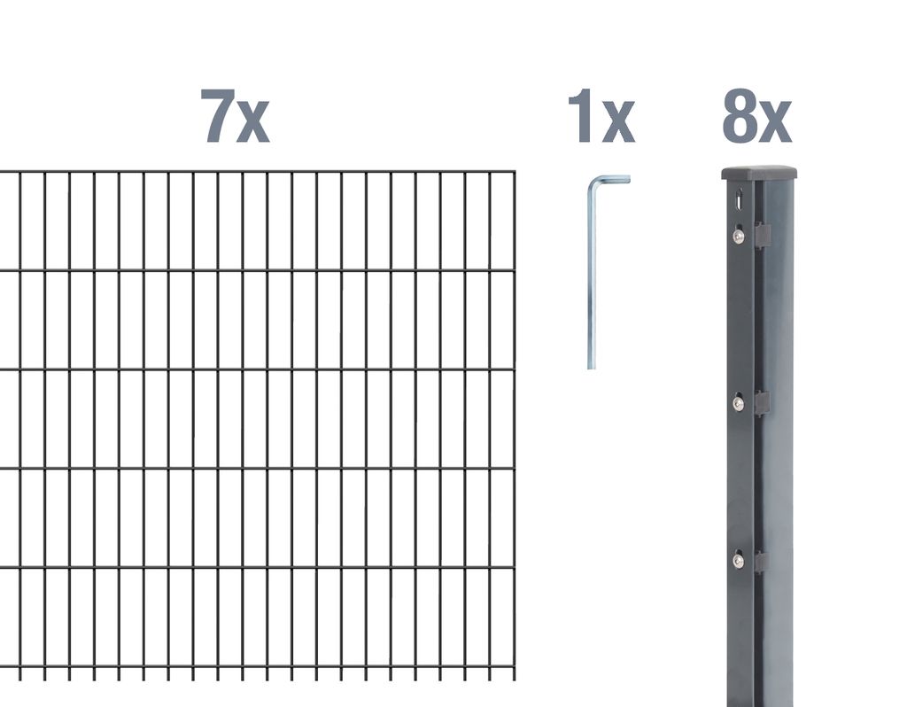 Alberts Doppelstabmattenzaun 8-6-8, Matten 2,50 m, Höhe 2,43 m, Länge 17,5 m, anthrazit, Zaun als Komplettset, Pfosten mit Abdeckleiste 60x40 mm