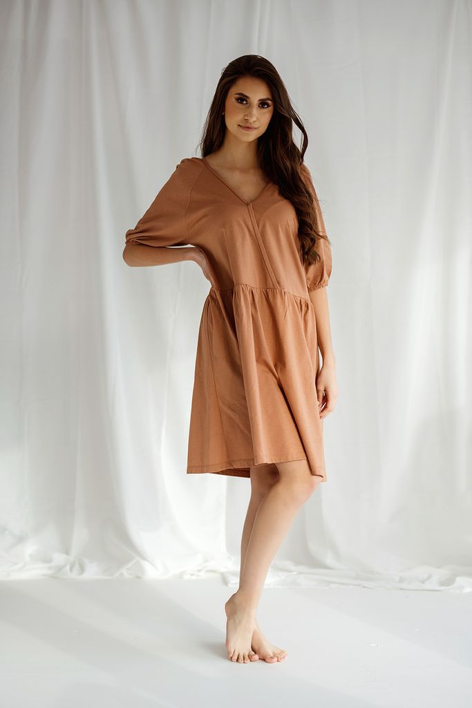 DOLCE SONNO Stillnachthemd – Umstandsnachthemd - Nachthemd für Schwangere und Stillende - 100% Baumwolle – MEGI CARAMEL L