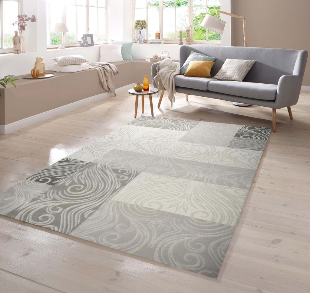 Designer Teppich mit Glitzergarn Wollteppich mit Karo Muster in Creme Beige Grau Größe - 80 x 300 cm