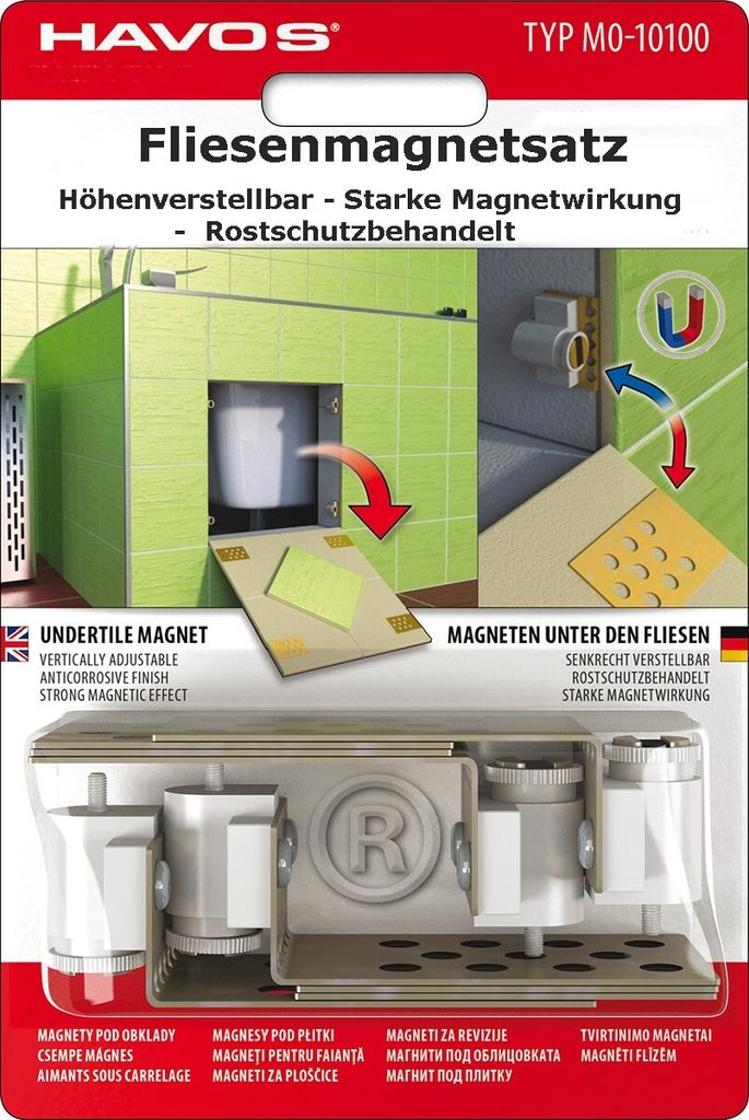 Packaging for a set of undertile magnets, showing a diagram of how they are used in a tiled bathroom.