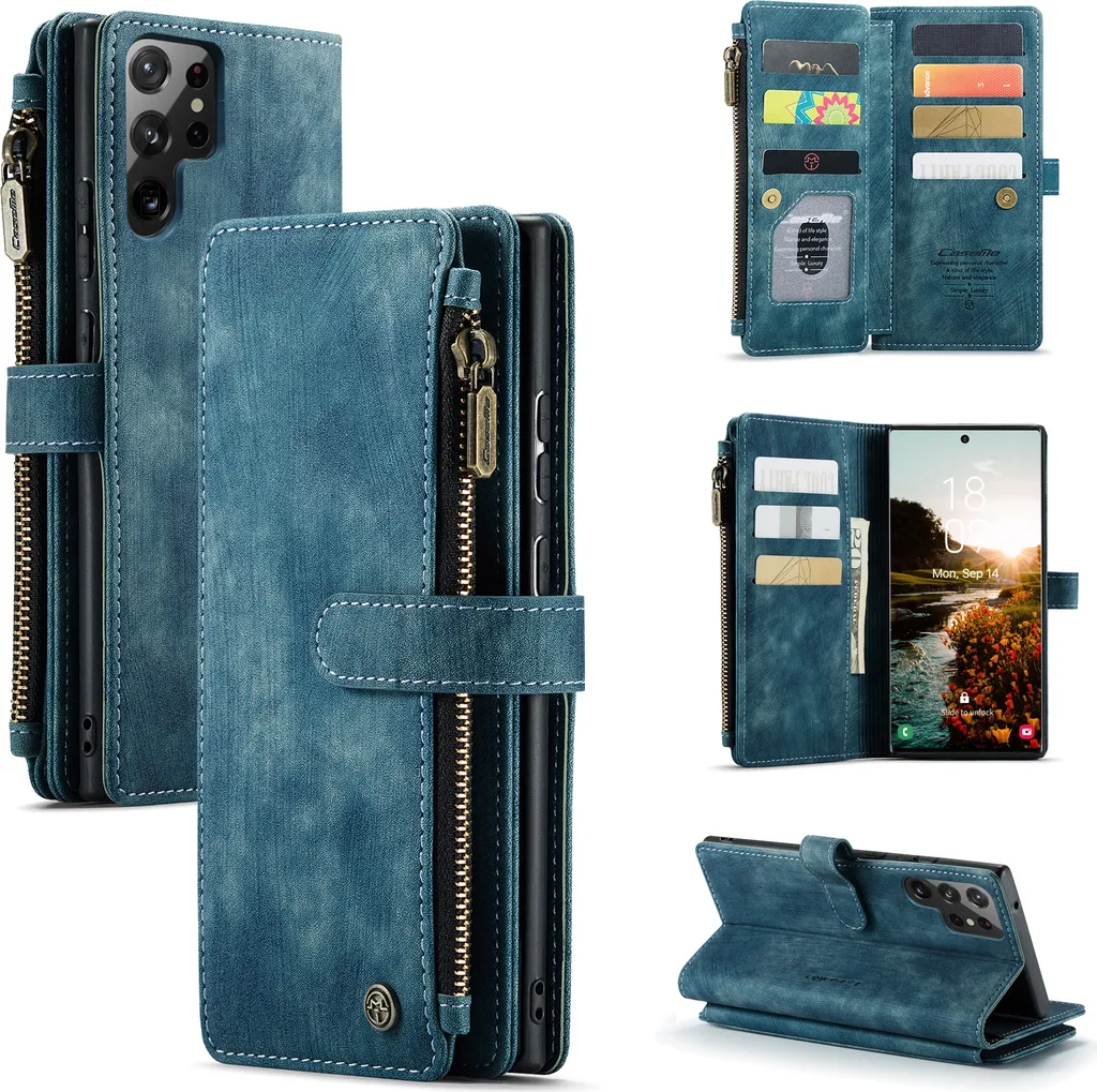 Cover Wallet Samsung S22 Ultra 5G Blu con Zip e Protezione RFID