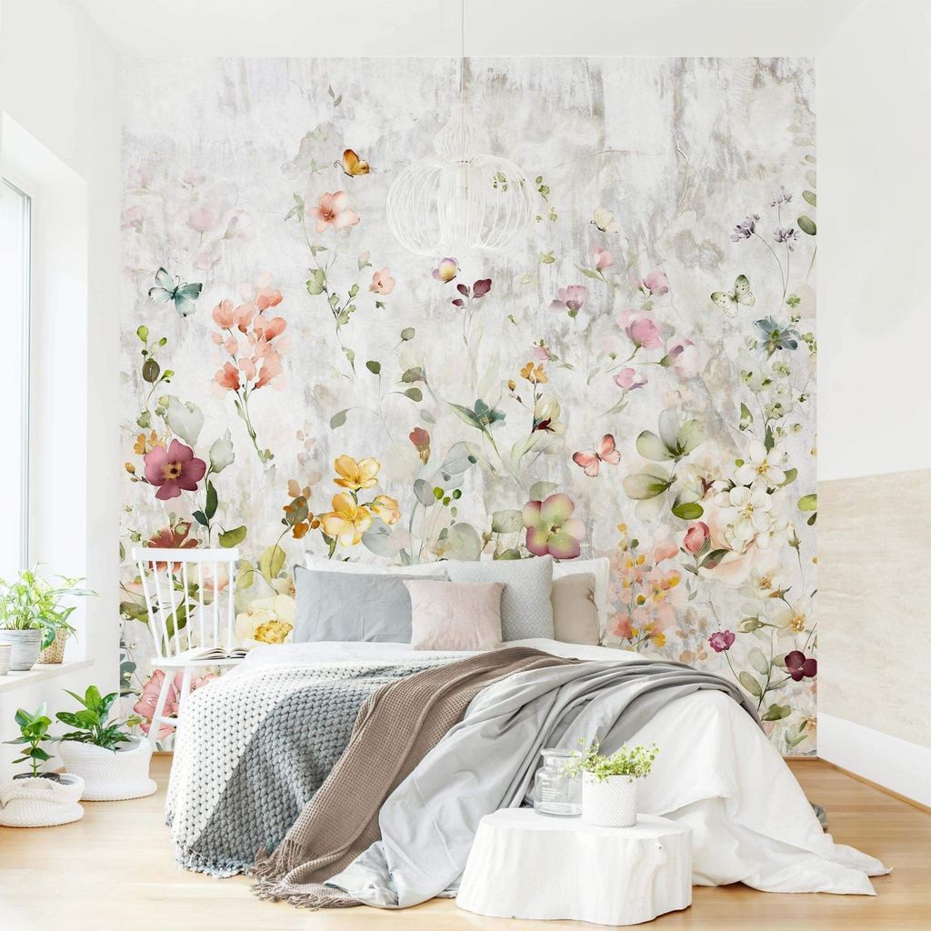 Fototapete Blumen - Vliestapete - Bildtapete UV-beständig Zement bunt Steinoptik Wandtapete geruchsfrei