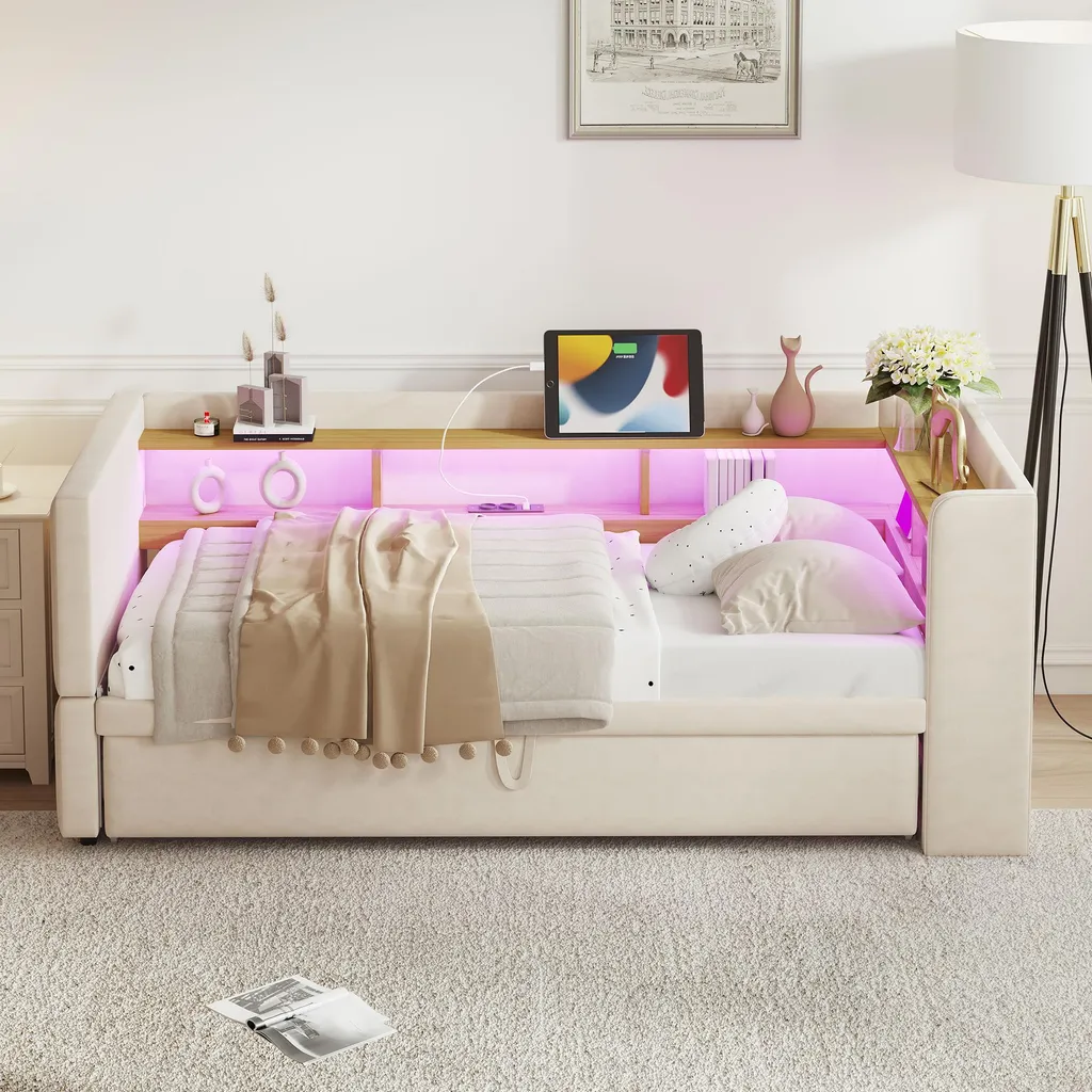 Canapé-lit avec LED Intégrées et Rangement, Couchage Modulable 180cm
