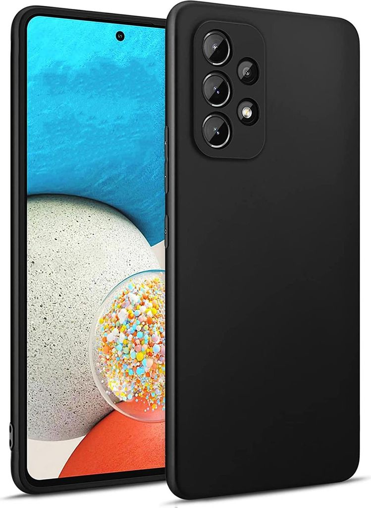 A black smartphone case is shown from a diagonal angle, with the phone screen visible.