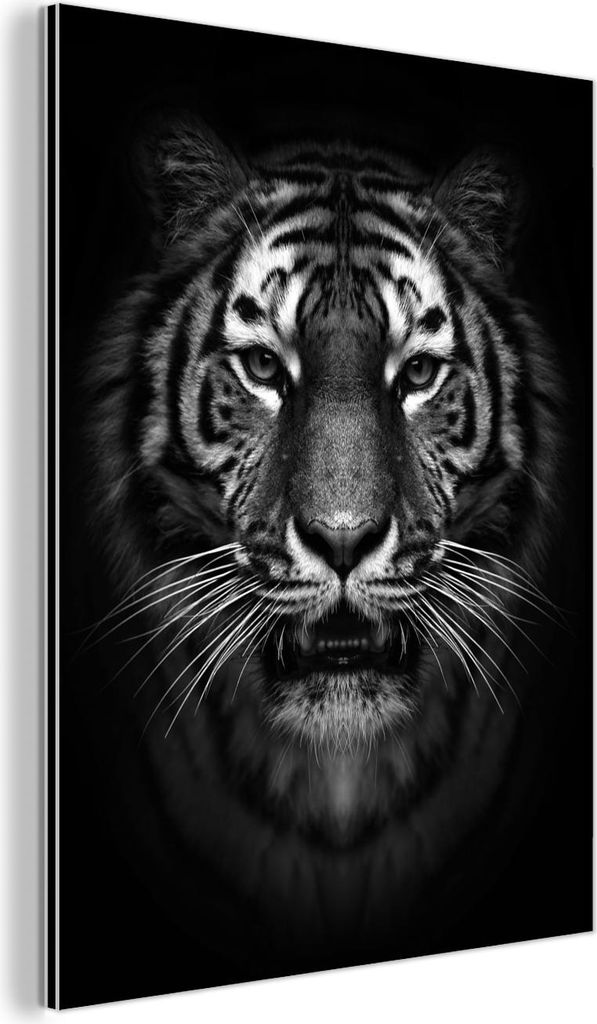 MuchoWow Wanddekoration Metall Metallbild Wandkunst 90x120 cm Tiger - Tiere - Schwarz - Weiß - Porträt - Wild MuchoWow Aluminium Gemälde - Indus...