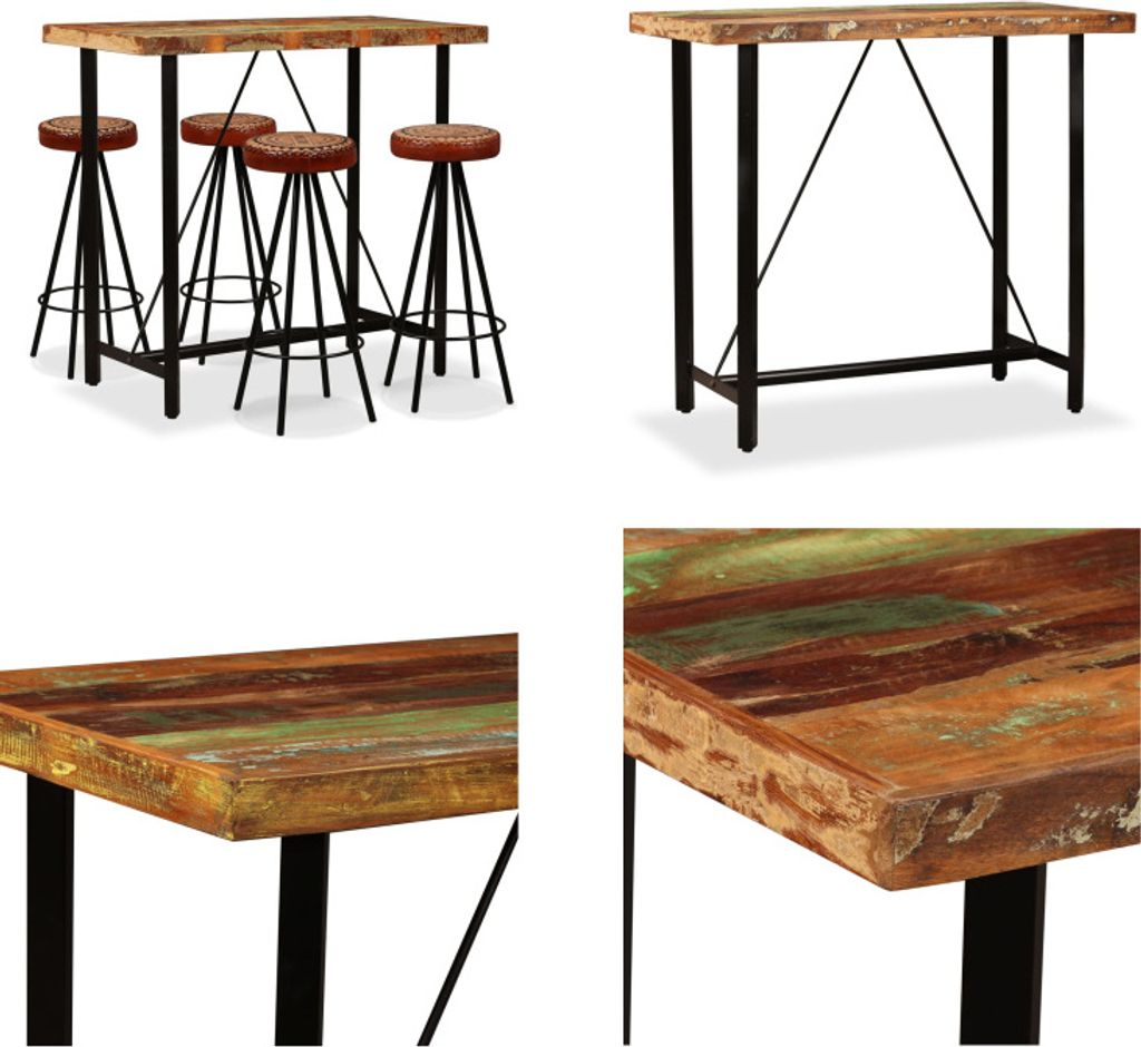 vidaXL 5 tlg. Bar Set Altholz Massiv, Echtleder und Canvas - Bar-Set - Bar-Sets - Bartisch Und Barhocker - Bartische