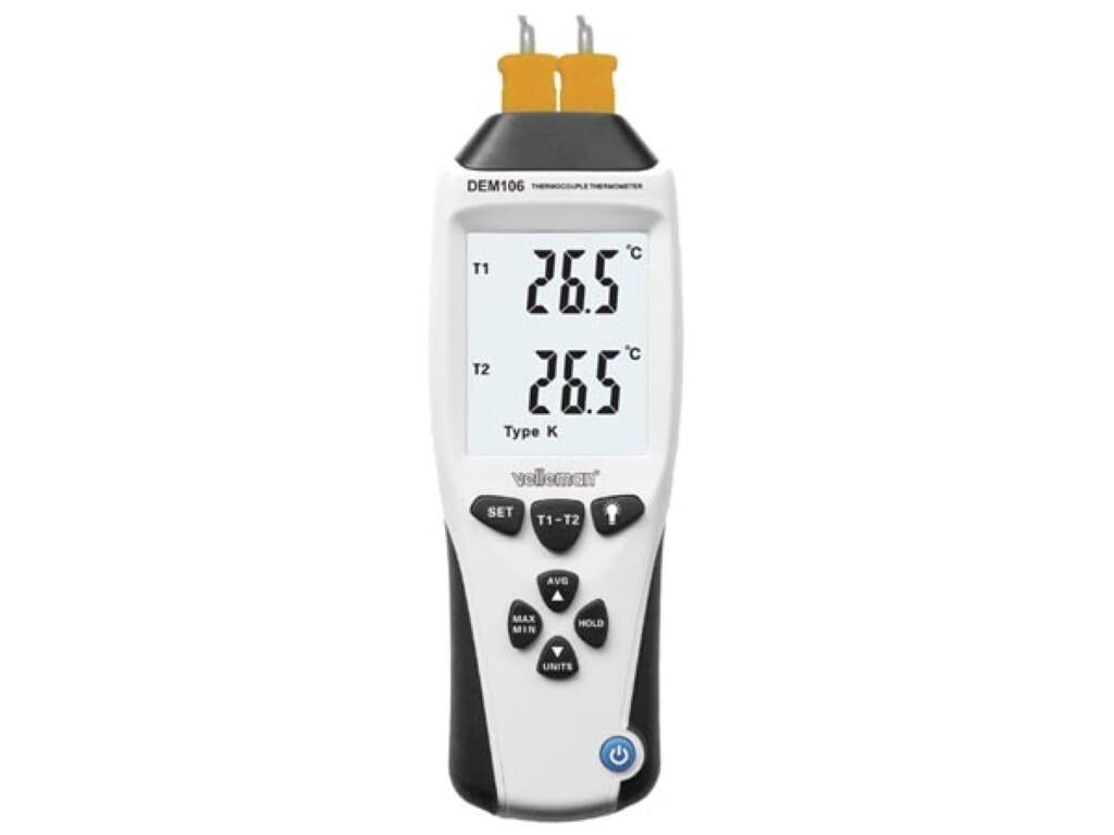 Velleman Thermometer mit Thermoelement Typ K/J, Doppelmessung, Doppel-LCD-Anzeige, -200°C -1370°C,