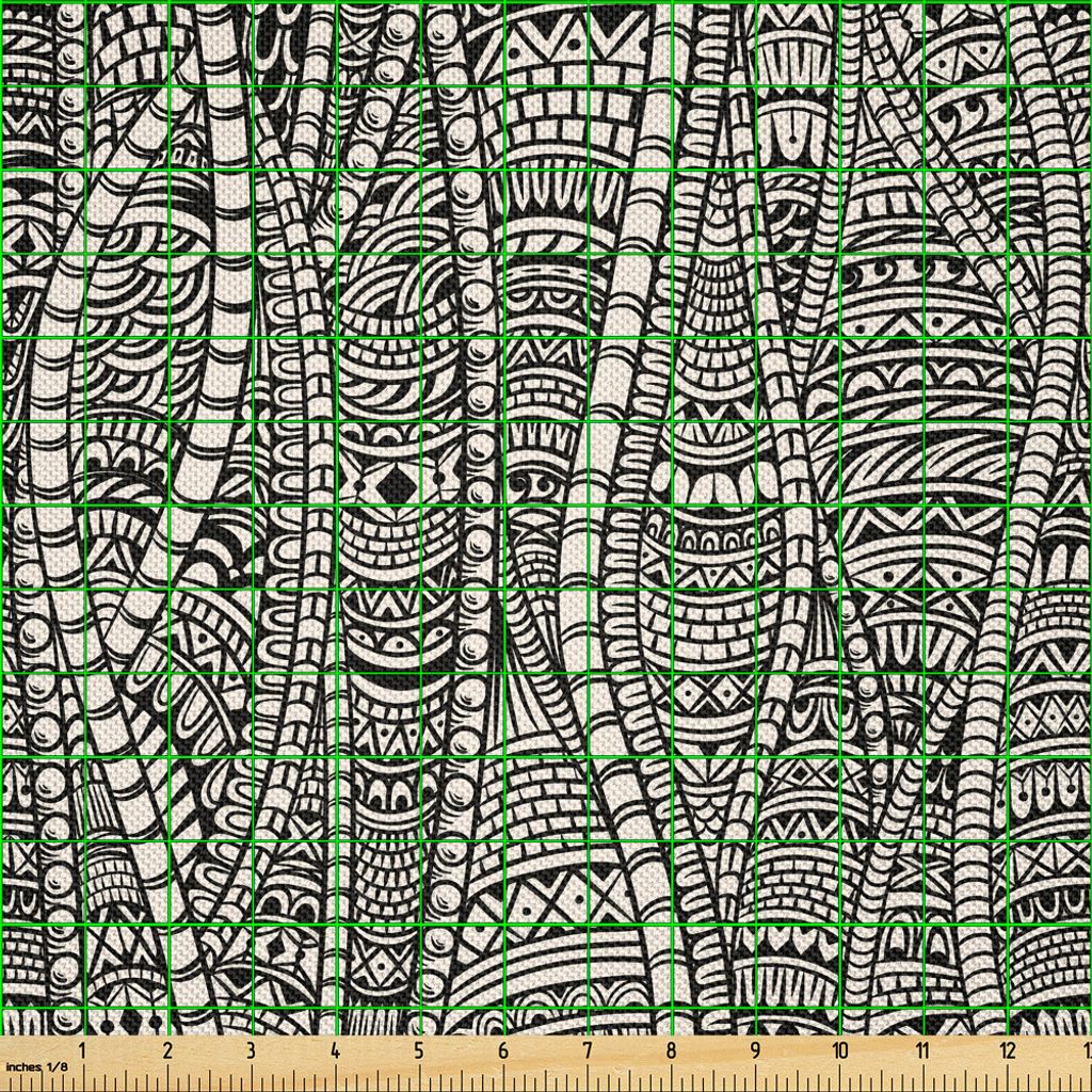 ABAKUHAUS Schwarz und weiß Satin Stoff als Meterware, Reiche ethnische Verzierung mit Stammes- afrikanischen Motiven künstlerische Zentangle Wein...